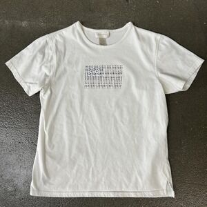 Studio Works Shirt Womens Medium White Rhinestone American Flag Patriotic Tee